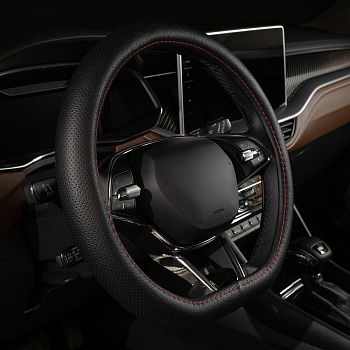 Оплетка на руль каркасная Кожа полиуретан Lord Autofashion (8315 Чёрный/Красная строчка D-форма М)