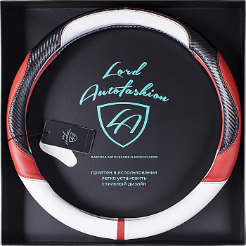 Оплетка на руль каркасная Кожа микрофибра ВС Lord Autofashion (7648 Белый/Красный+карбон М)