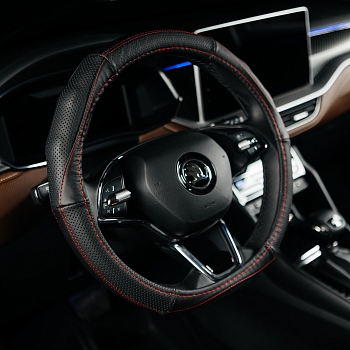 Оплетка на руль каркасная Кожа Lord Autofashion (3816 Чёрный/Красная строчка M)