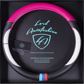 Оплетка на руль каркасная Кожа микрофибра ВС Lord Autofashion (7682 Чёрный/Розовый+белый М)