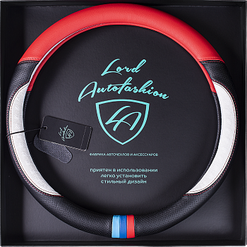 Оплетка на руль каркасная Кожа микрофибра ВС Lord Autofashion (7682 Чёрный/Красный+белый М)