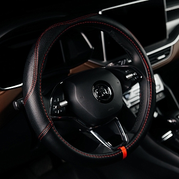 Оплетка на руль каркасная Кожа микрофибра ВС Lord Autofashion (9288 Чёрный/Красная строчка М)
