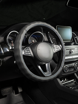 Оплетка на руль каркасная Кожа Lord Autofashion (3801 Чёрны/Синяя строчка M)