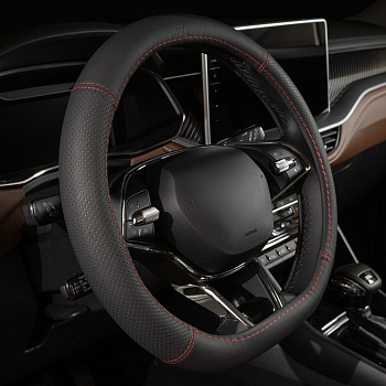 Оплетка на руль каркасная Кожа Lord Autofashion (3806 Чёрный/Красная строчка D-форма M)