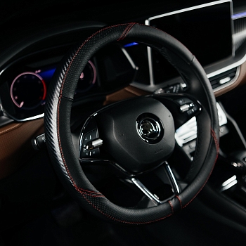 Оплетка на руль каркасная Кожа микрофибра ВС Lord Autofashion (7562 Чёрный/Красная строчка M)