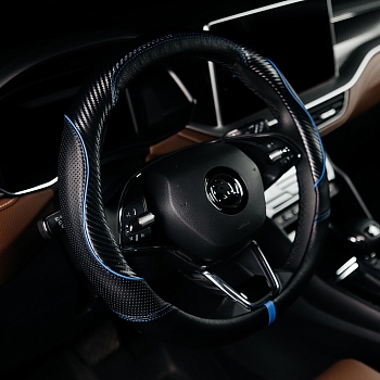 Оплетка на руль каркасная Кожа микрофибра ВС Lord Autofashion (7684 Чёрный/Синяя строчка М)
