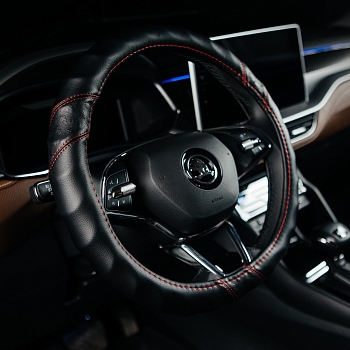 Оплетка на руль каркасная Кожа микрофибра ВС Lord Autofashion (9297 Чёрный/Красная строчка М)