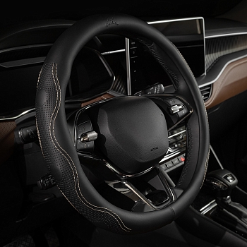 Оплетка на руль каркасная Кожа микрофибра Lord Autofashion (9370 Чёрный/Бежевая строчка M)