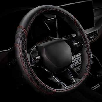 Оплетка на руль каркасная Кожа микрофибра Lord Autofashion (9367 Чёрный/Красная строчка M)