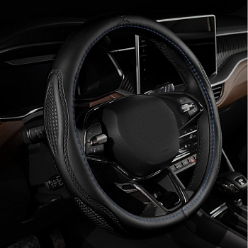 Оплетка на руль каркасная Кожа микрофибра Lord Autofashion (9351 Чёрный/Синяя строчка M)