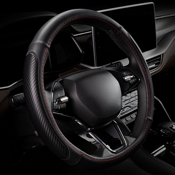 Оплетка на руль каркасная Кожа микрофибра Lord Autofashion (9329 Чёрный/Красная строчка M)