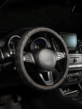 Оплетка на руль каркасная Кожа Lord Autofashion (3801 Чёрны/Красная строчка M)