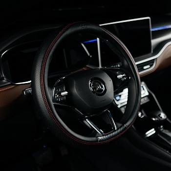 Оплетка на руль каркасная Кожа микрофибра ВС Lord Autofashion (7643 Чёрный/Красная строчка)