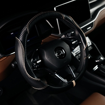 Оплетка на руль каркасная Кожа микрофибра ВС Lord Autofashion (7684 Чёрный/Бежевая строчка М)